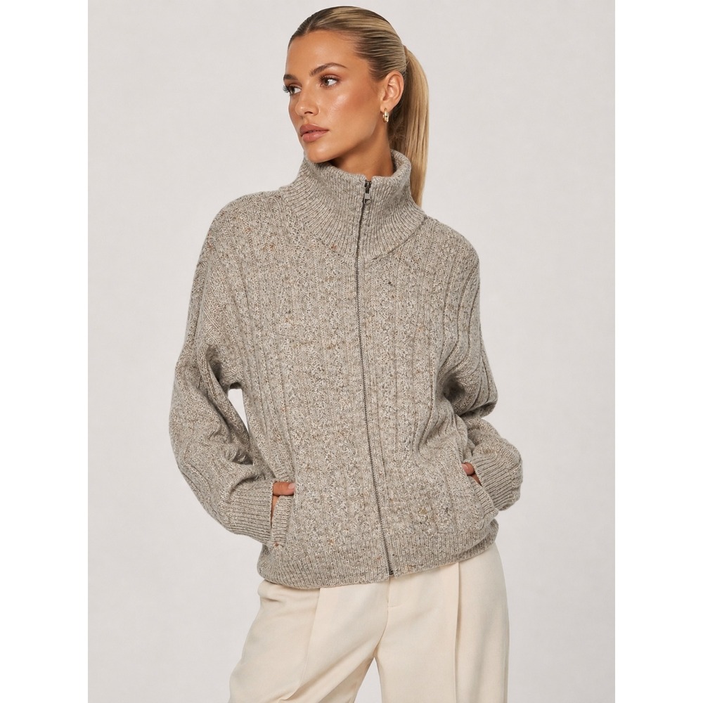 Pendleton VTG 100% Wool Full Zip Cardigan Sweater Gray Oatmeal Ribbed USA L